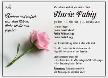 Traueranzeige von Marie Fabig von Südthüringer Presse