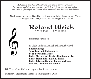 Traueranzeige von Roland Ulrich von Südthüringer Presse