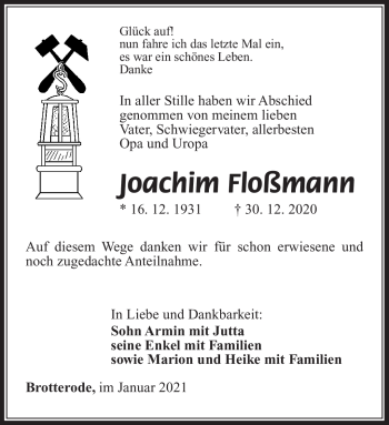Traueranzeige von Joachim Floßmann von Südthüringer Presse