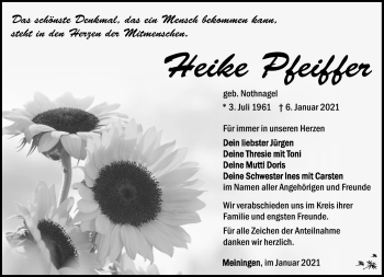 Traueranzeige von Heike Pfeiffer von Südthüringer Presse