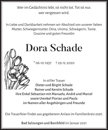 Traueranzeige von Dora Schade von Südthüringer Presse