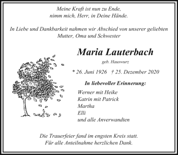 Traueranzeige von Maria Lauterbach von Frankenpost