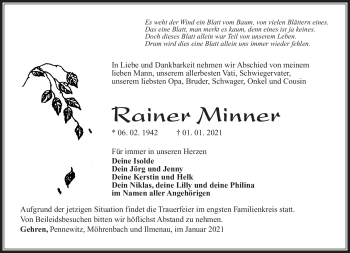 Traueranzeige von Rainer Minnen von Südthüringer Presse