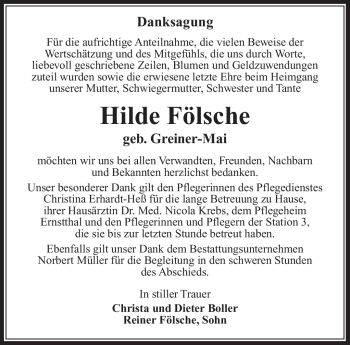 Traueranzeige von Hilde Fölsche von Südthüringer Presse