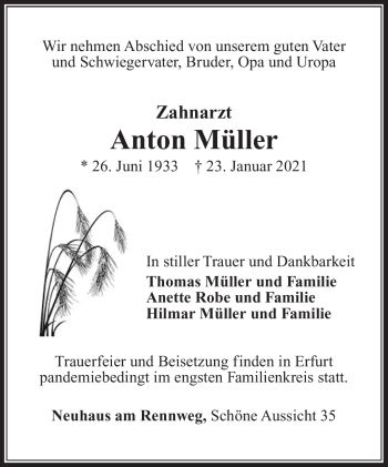 Traueranzeige von Anton Müller von Südthüringer Presse