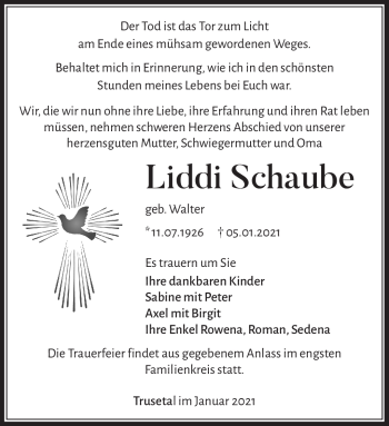 Traueranzeige von Liddi Schaube von Südthüringer Presse