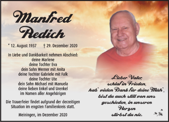 Traueranzeige von Manfred Redich von Südthüringer Presse
