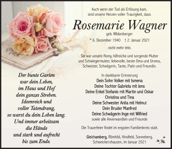 Traueranzeige von Rosemarie Wagner von Südthüringer Presse