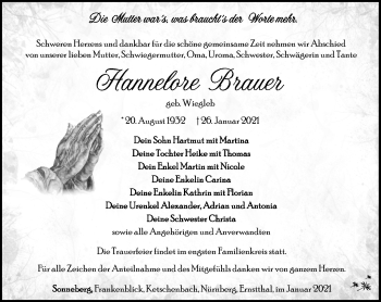 Traueranzeige von Hannelore Brauer von Südthüringer Presse