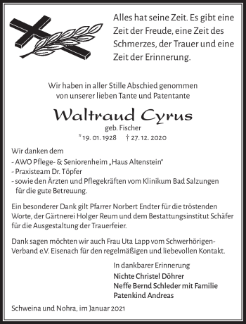 Traueranzeige von Waltraud Cyrus von Südthüringer Presse