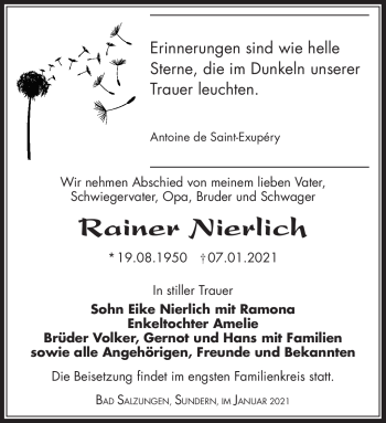 Traueranzeige von Rainer Nierlich von Südthüringer Presse