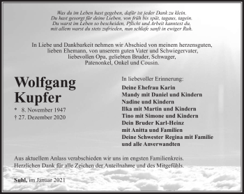 Traueranzeige von Wolfgang Kupfer von Südthüringer Presse