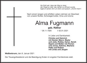 Traueranzeige von Alma Fugmann von Neue Presse Coburg