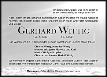 Traueranzeige von Gerhard Wittig von Südthüringer Presse