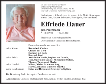 Traueranzeige von Elfriede Hauer von Südthüringer Presse