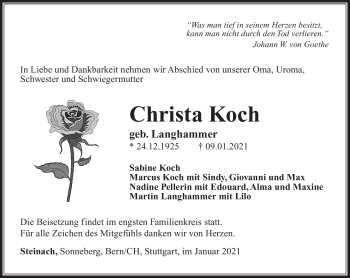 Traueranzeige von Christa Koch von Südthüringer Presse