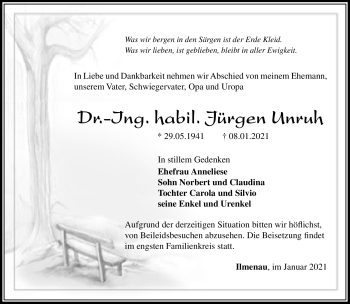 Traueranzeige von Jürgen Unruh von Südthüringer Presse