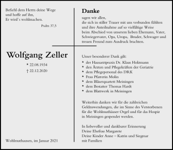 Traueranzeige von Wolfgang Zeller von Südthüringer Presse