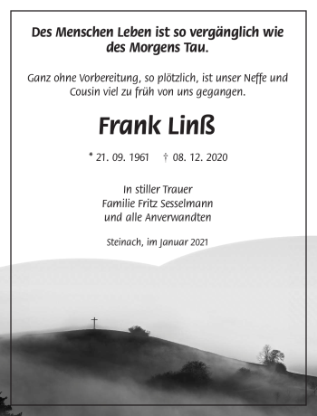 Traueranzeige von Frank Linß von Südthüringer Presse