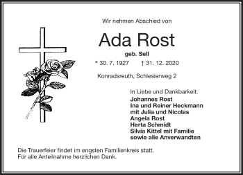Traueranzeige von Ada Rost von Frankenpost