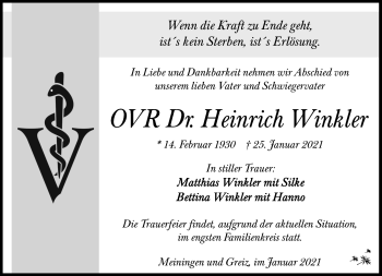 Traueranzeige von Dr. Heinrich Winkler von Südthüringer Presse