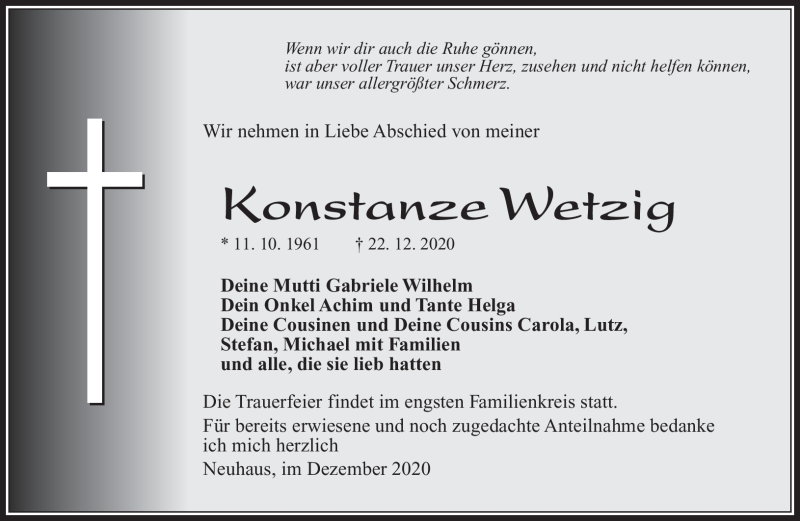  Traueranzeige für Konstanze Wetzig vom 09.01.2021 aus Südthüringer Presse