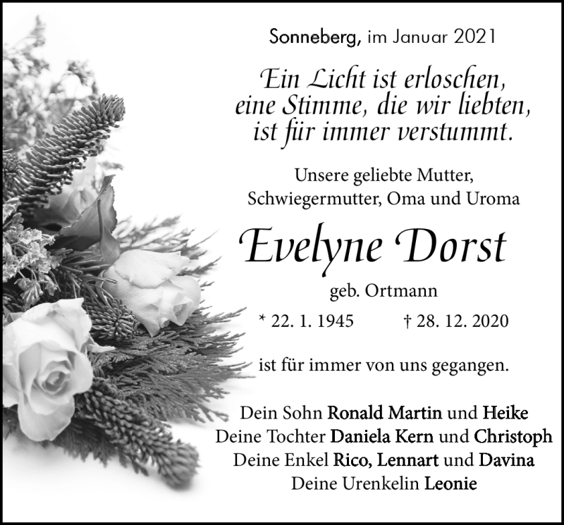  Traueranzeige für Evelyne Dorst vom 16.01.2021 aus Südthüringer Presse