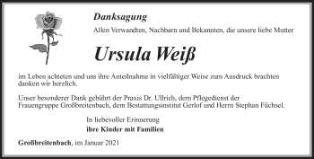 Traueranzeige von Ursula Weiß von Südthüringer Presse