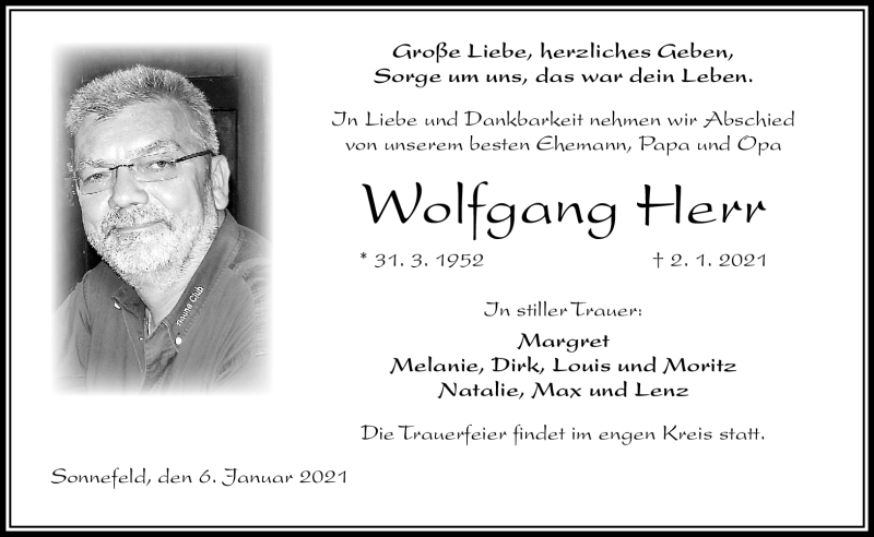  Traueranzeige für Wolfgang Herr vom 06.01.2021 aus Neue Presse Coburg