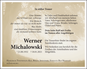 Traueranzeige von Werner Michalowski von Südthüringer Presse