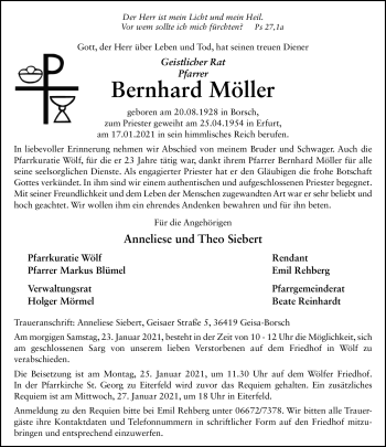 Traueranzeige von Bernhard Möller von Südthüringer Presse