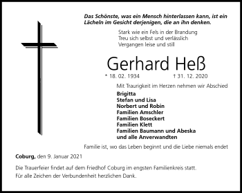 Traueranzeige von Gerhard Heß von Neue Presse Coburg