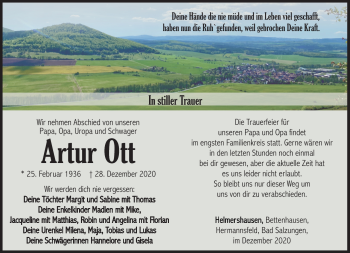 Traueranzeige von Artur Ott von Südthüringer Presse