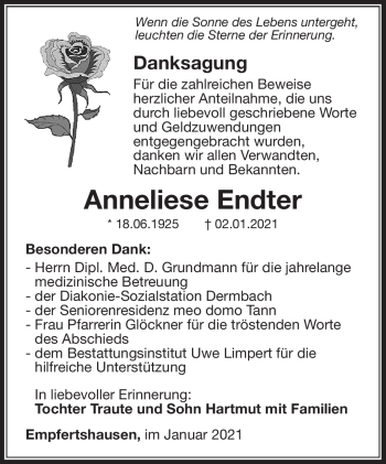 Traueranzeige von Anneliese Endter von Südthüringer Presse