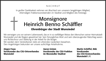Traueranzeige von Heinrich Benno Schäffler von Frankenpost