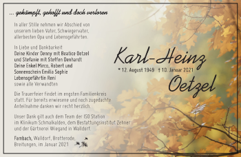Traueranzeige von Karl-Heinz Oetzel von Südthüringer Presse