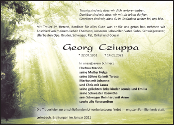 Traueranzeige von Georg Cziuppa von Südthüringer Presse