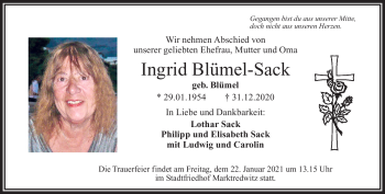 Traueranzeige von Ingrid Blümel-Sack von Frankenpost