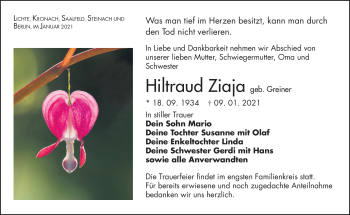 Traueranzeige von Hiltraud Ziaja von Südthüringer Presse