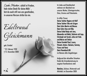Traueranzeige von Edeltraud Gleichmann von Südthüringer Presse
