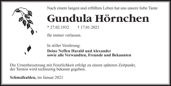 Traueranzeige von Gundula Hörnchen von Südthüringer Presse