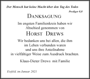 Traueranzeige von Horst Drews von Südthüringer Presse