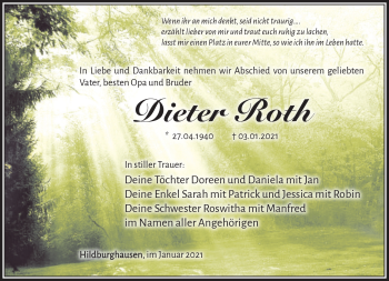 Traueranzeige von Dieter Roth von Südthüringer Presse