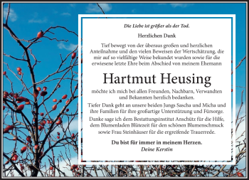Traueranzeige von Hartmut Heusing von Südthüringer Presse