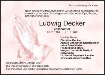 Traueranzeige von Ludwig Decker von Neue Presse Coburg