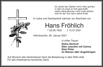 Traueranzeige von Hans Fröhlich von Frankenpost