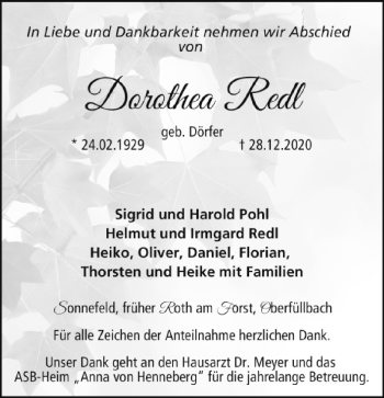 Traueranzeige von Dorothea Redl von Neue Presse Coburg