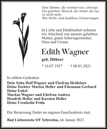 Traueranzeige von Edith Wagner von Südthüringer Presse