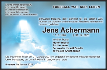 Traueranzeige von Jens Achermann von Südthüringer Presse