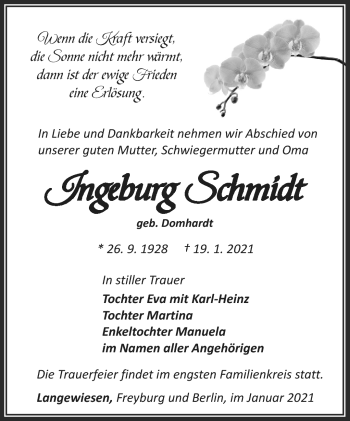 Traueranzeige von Ingeburg Schmidt von Südthüringer Presse